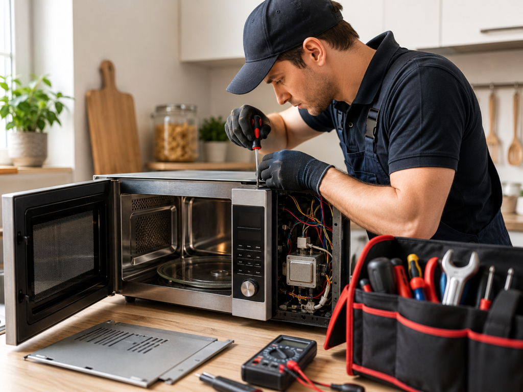 A certified appliance repair technician performs a detailed inspection of a countertop microwave using professional tools. Powerpro Appliance Repair provides trusted microwave diagnostics and repair services throughout Kitchener and nearby communities.
