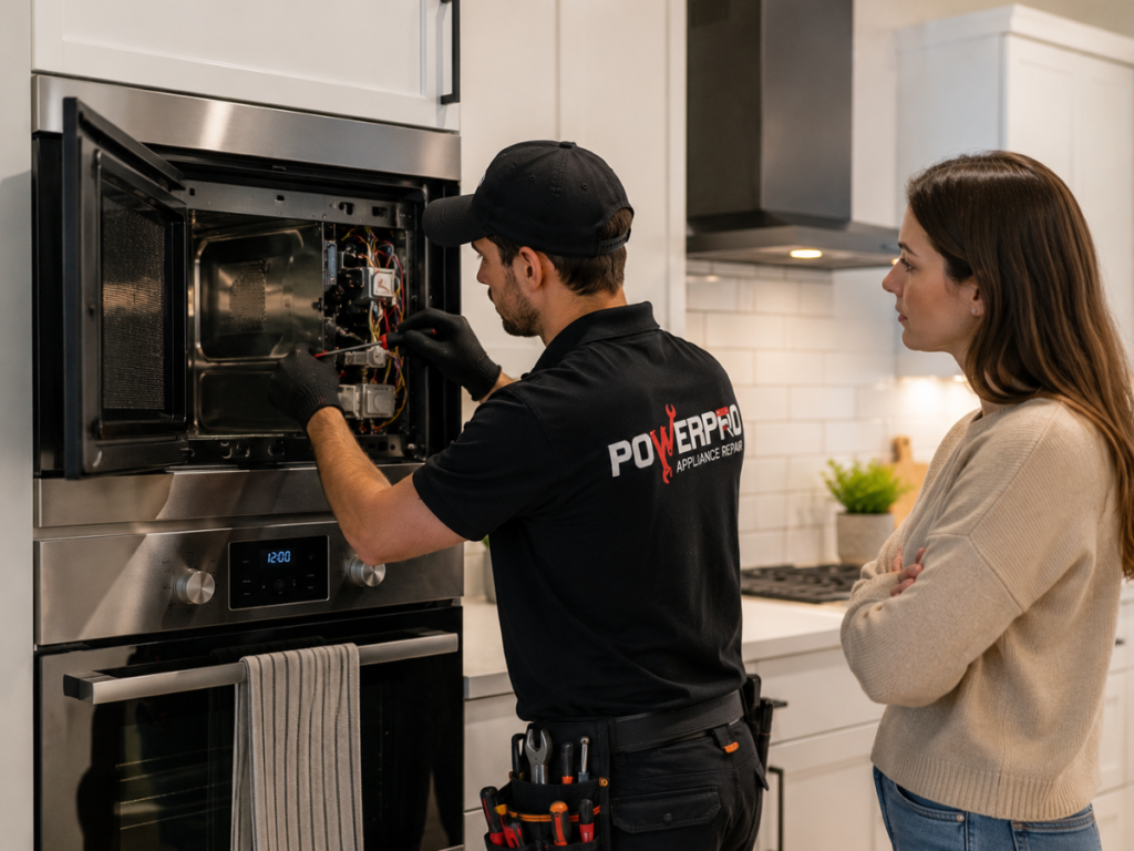 Expert appliance technician repairing an open microwave oven in a modern kitchen using professional diagnostic tools.