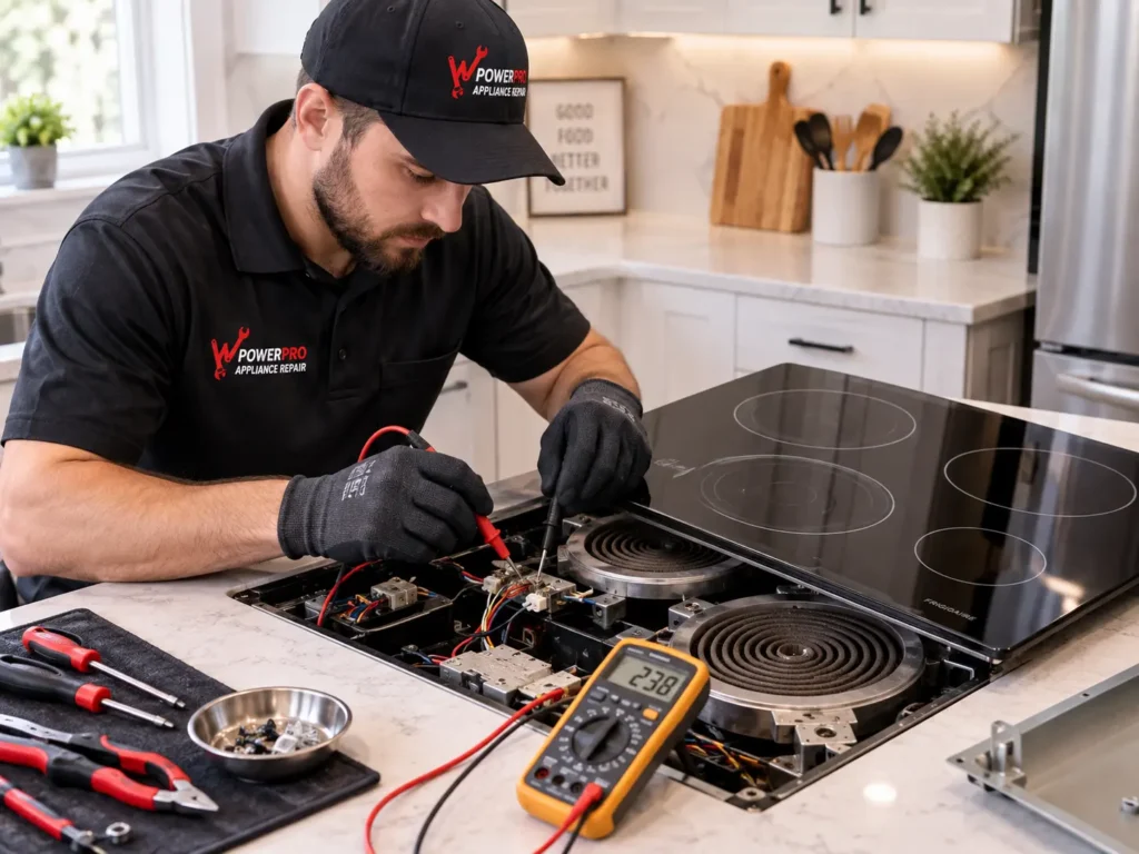Technician diagnosing and repairing an electric glass cooktop with a multimeter