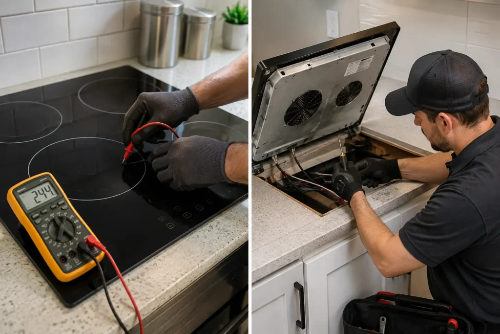 Appliance technician diagnosing an electric cooktop with a multimeter and repairing internal wiring