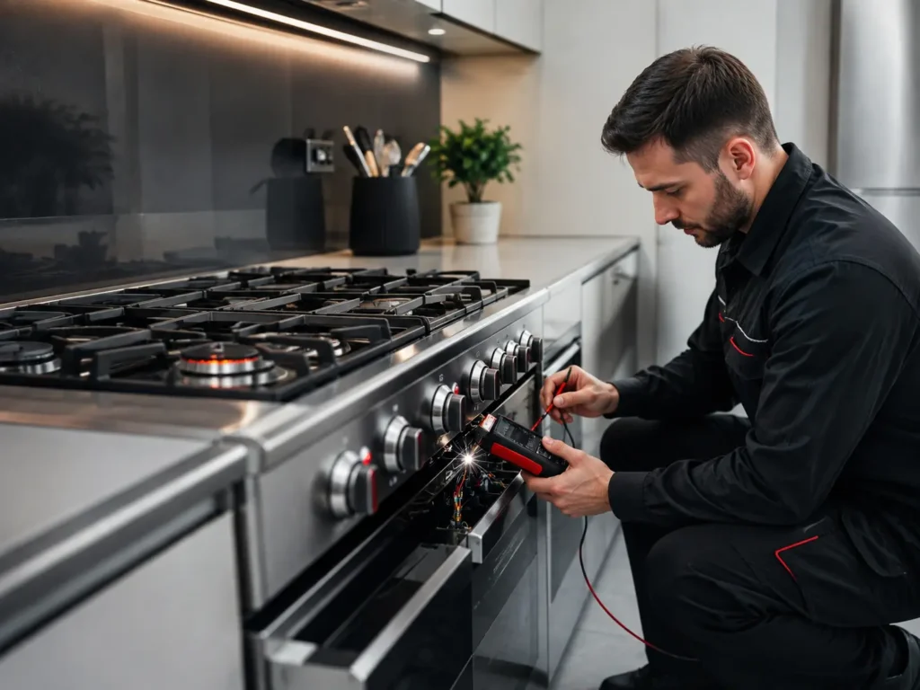 Appliance repair technician inspecting a stainless steel stove for electrical problems