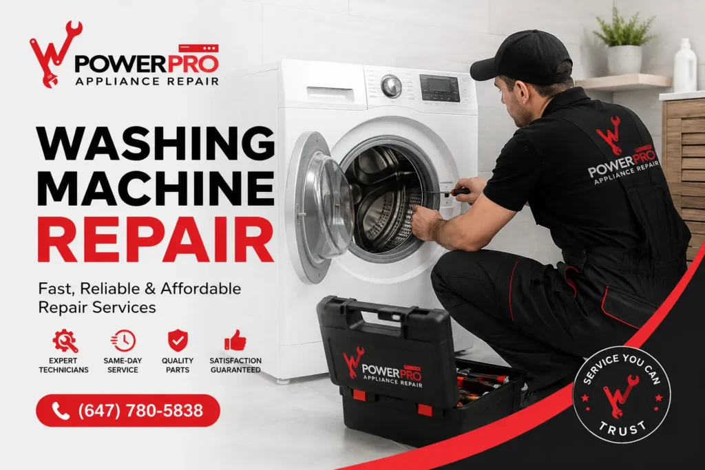 PowerPro Appliance Repair technician repairing a front-load washing machine