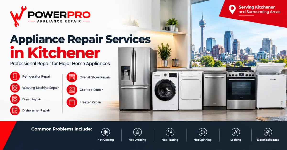 Appliance repair services in Kitchener for refrigerators, washing machines, dryers, dishwashers, ovens, stoves, cooktops and freezers