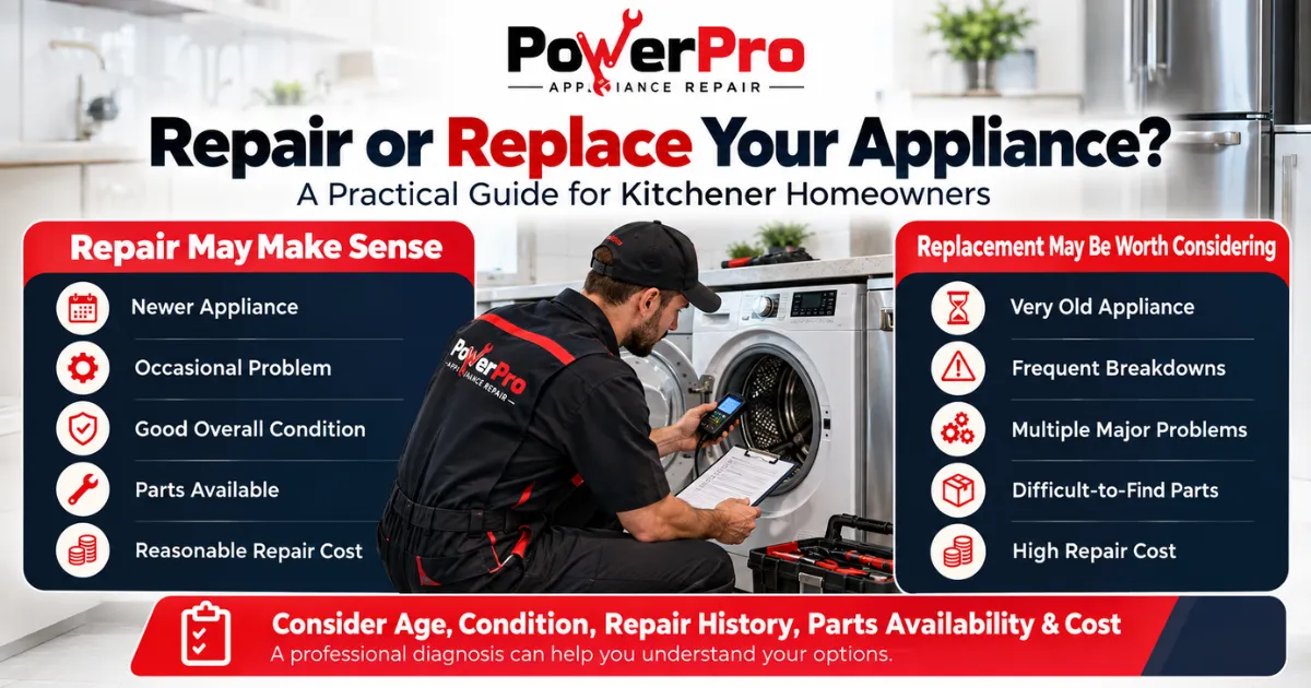 Repair or replace an appliance in Kitchener based on appliance age, condition, repair history, parts availability and repair cost